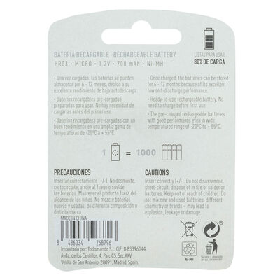 Pila recargable Tm AAA 1,2V 700mah 2 uds hasta 1000 ciclos