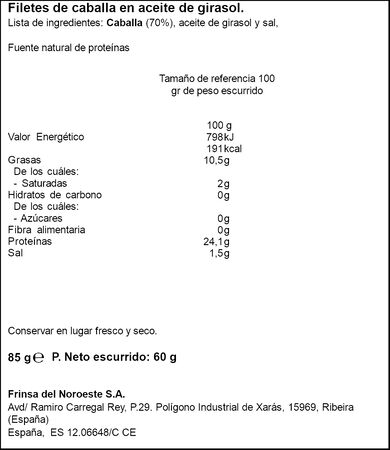 Filetes de caballa en aceite de girasol Ribeira 60g