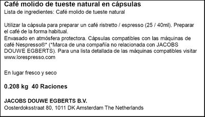 Café Espresso Ristretto intensidad 11 L'or 40 Cápsulas Compatibles Nespresso