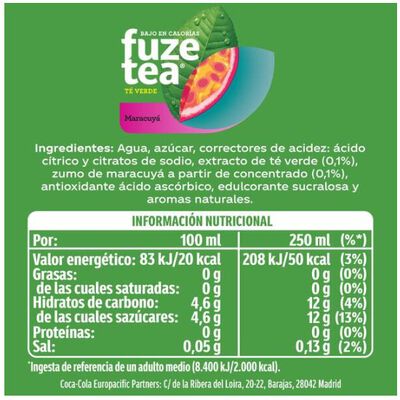 Refresco de t&eacute; verde sabor maracuy&aacute; Fuze Tea 500ml