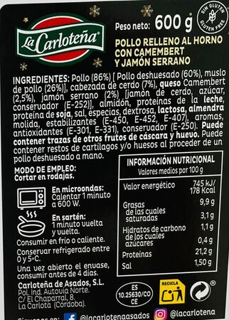 Pollo relleno con camembert y jam&oacute;n Carlote&ntilde;a 600gr aprox