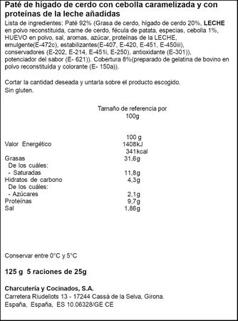 Pat&eacute; con cebolla caramelizada Cuit'S bloc 125g