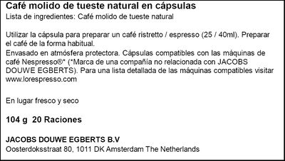 Caf&eacute; espresso ristretto intensidad 11 L&acute;or 20 caps.