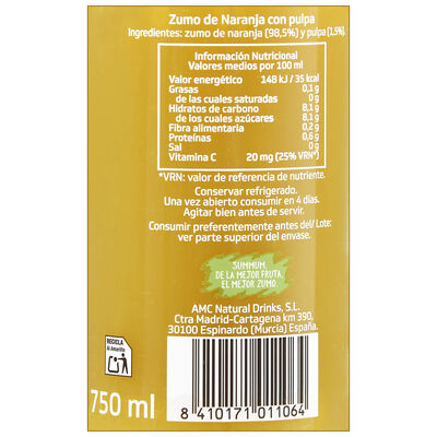 Zumo refrigerado con pulpa exprimido Summum 750ml Naranja