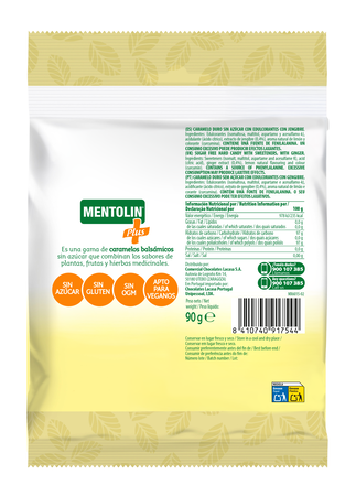 Caramelos sin az&uacute;car de jengibre Mentolin 90g
