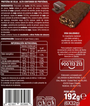 Barrita de prote&iacute;nas de chocolate con leche Alipende 192g