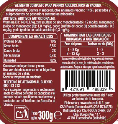 Comida h&uacute;meda perro Meque rico en vacuno 300g