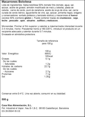Macarrones a la boloñesa Casa Mas 500g