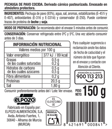 Pechuga de pavo 93% Alipende 150g
