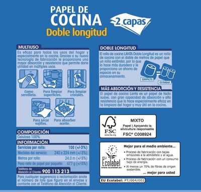 Papel de cocina Lanta pack-3 doble longitud