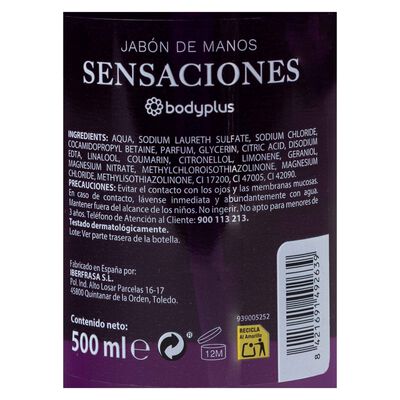Jab&oacute;n de manos con dosificador Bodyplus 500ml sensaciones