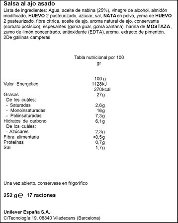 Mayonesa de ajo asado Hellmann´s 250ml