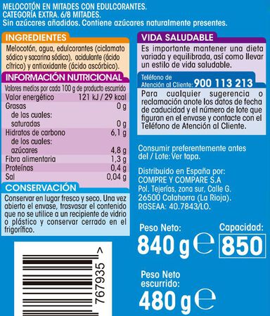 Melocoton en almibar s/gluten s/azucar Alipende 480g