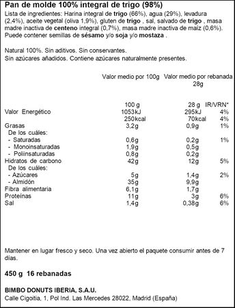 Pan molde Bimbo integral sin lactosa natural 450g