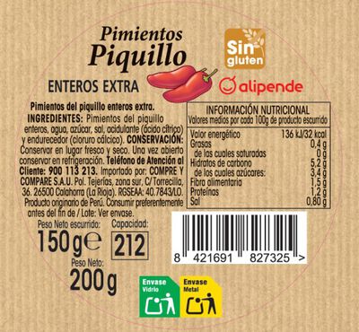 Pimientos de piquillo enteros sin gluten Alipende 150g