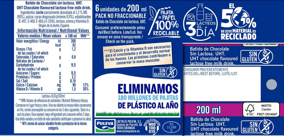Batido sin lactosa Puleva 200ml pack 6 chocolate