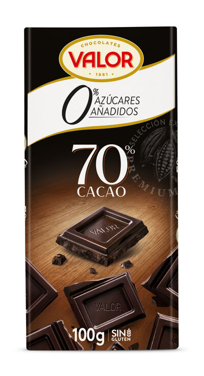 Chocolate negro 70% cacao sin az&uacute;car a&ntilde;adido Valor 100g