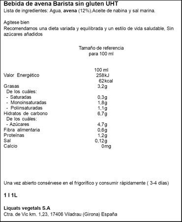 Bebida avena sin &aacute;zucar a&ntilde;adido YOSOY 1l barista
