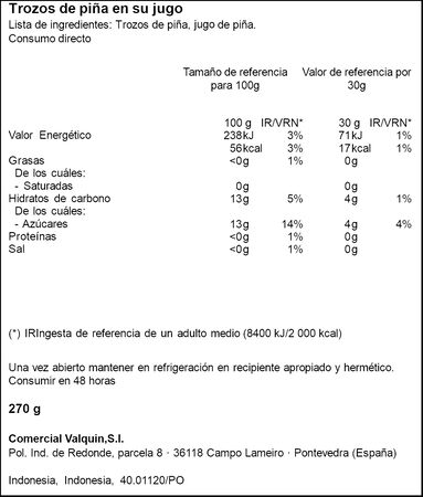 Piña en su jugo sin azucar añadido Norvi 270g en trozos