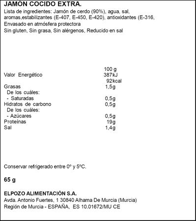 Jam&oacute;n cocido extra en lonchas finas Bienstar ELPOZO 65g