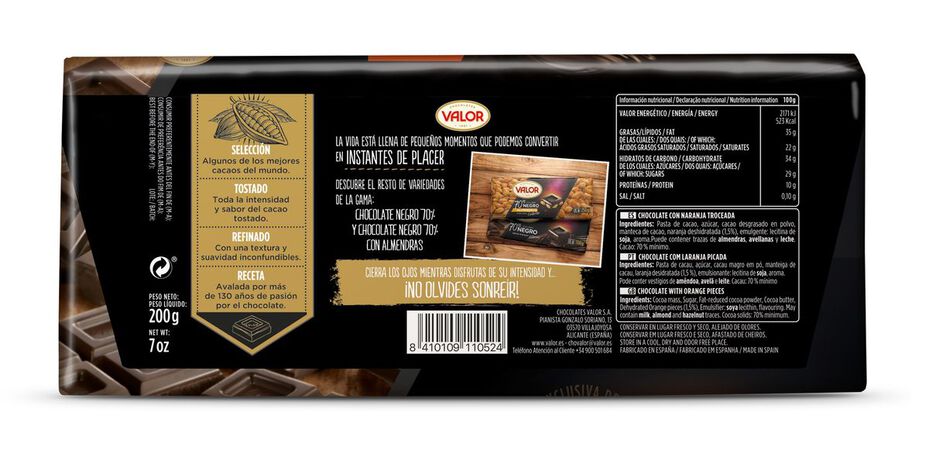 Chocolate negro 70% de cacao naranja s/gluten Valor 200g