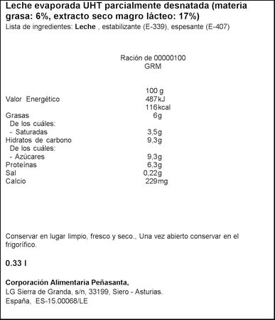 Leche evaporada Asturiana 340g desnatada