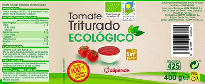 Tomate triturado sin gluten ecol&oacute;gico Alipende 400g