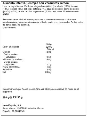 Alimento infantil solo lenteja con verduras y jam&oacute;n Hero 380g