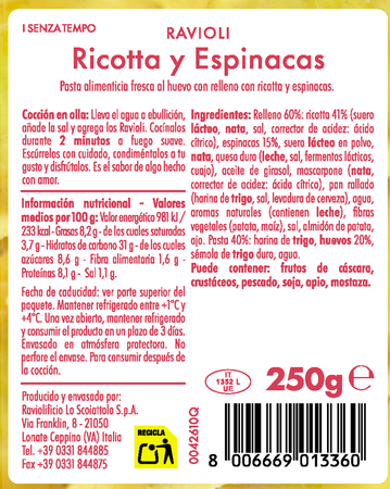 Ravioli con ricota y espinacas Scoiattolo 250g