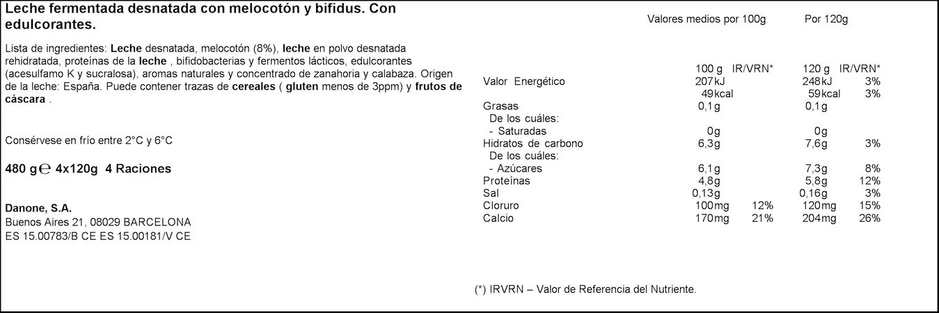 Bífidus probiótico Activia 0% pack 4 melocotón