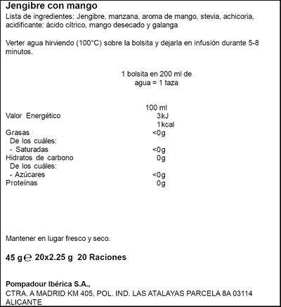 Infusi&oacute;n de jengibre y mango Pompadour 20 unidades