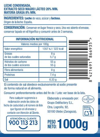 Leche condensada en lata alipende 1000g