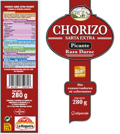 Chorizo sarta picante Alipende pieza 280g