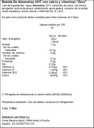Bebida De Almendras UHT con calcio y vitaminas "Zero"