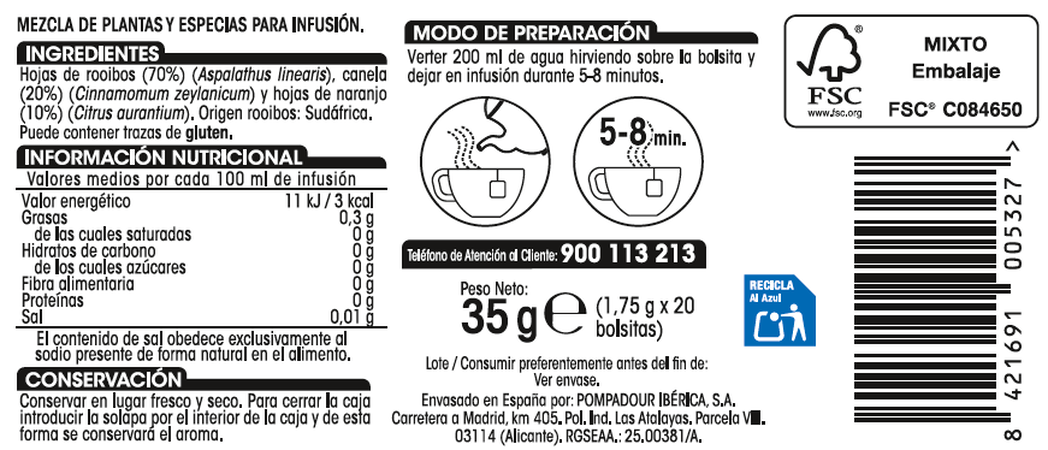 Infusión Alipende 20u rooibos canela y naranja