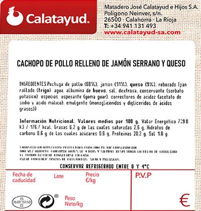 Cachopo de pollo relleno de jamón serrano y queso 300g aproximadamente