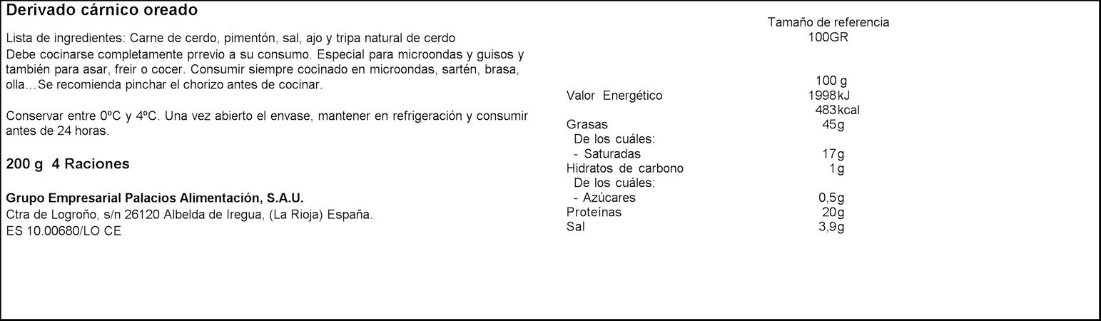 Chorizo oreado Palacios pack 2 de 100g