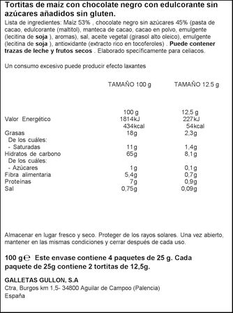 Tortitas de ma&iacute;z con chocolate negro sin az&uacute;car a&ntilde;adido Vitalday 100g