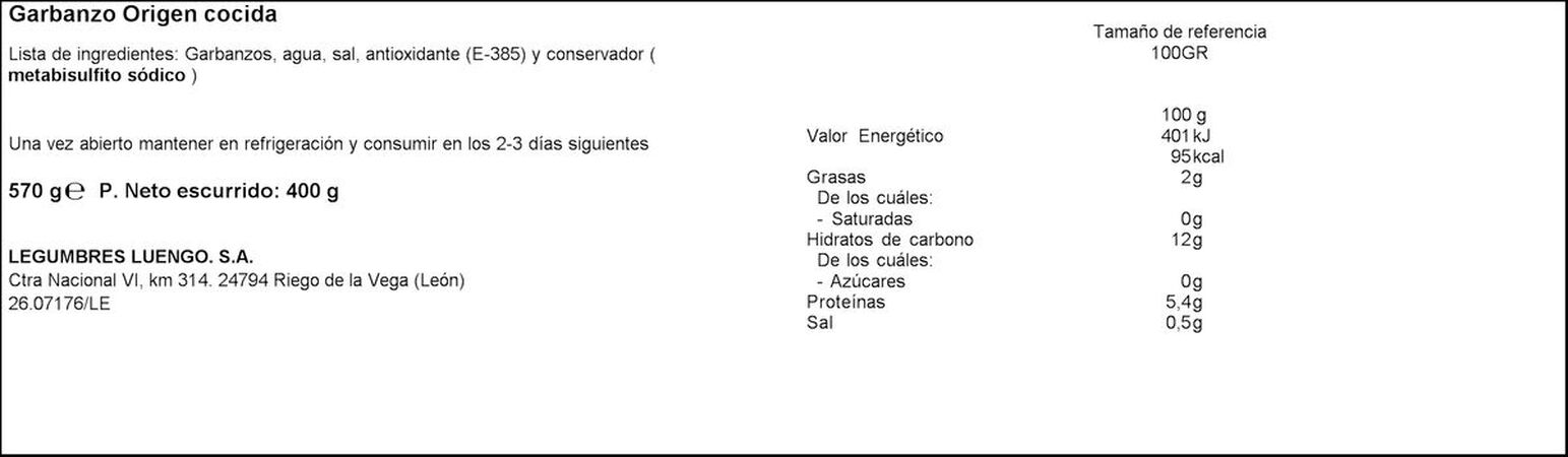 Garbanzo cocido nacional Luengo 400g