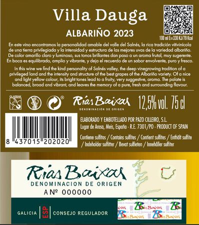 Vino blanco Albari&ntilde;o DO R.Baixas Villa Dauga 75cl