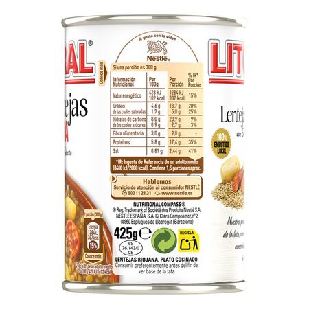 Lenteja riojana Litoral 425g con ingredientes naturales