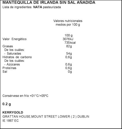 Mantequilla irlandesa Kerrygold 200g pastilla sin sal