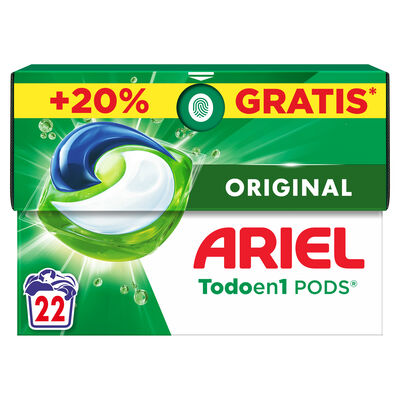 Detergente en c&aacute;psulas pods con 18 m&aacute;s 4 lavados Ariel 22 lavados Original