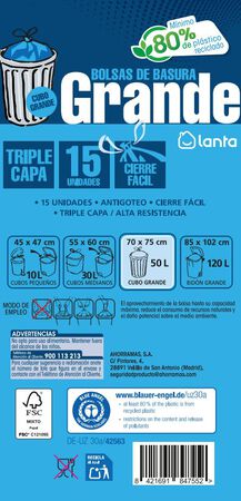 Bolsas de basura Lanta 15 uds 50 litros grandes color azul