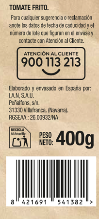 Tomate frito origen nacional sin gluten Alipende p3 400g