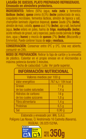 Lasa&ntilde;a con quesos Alipende 350g