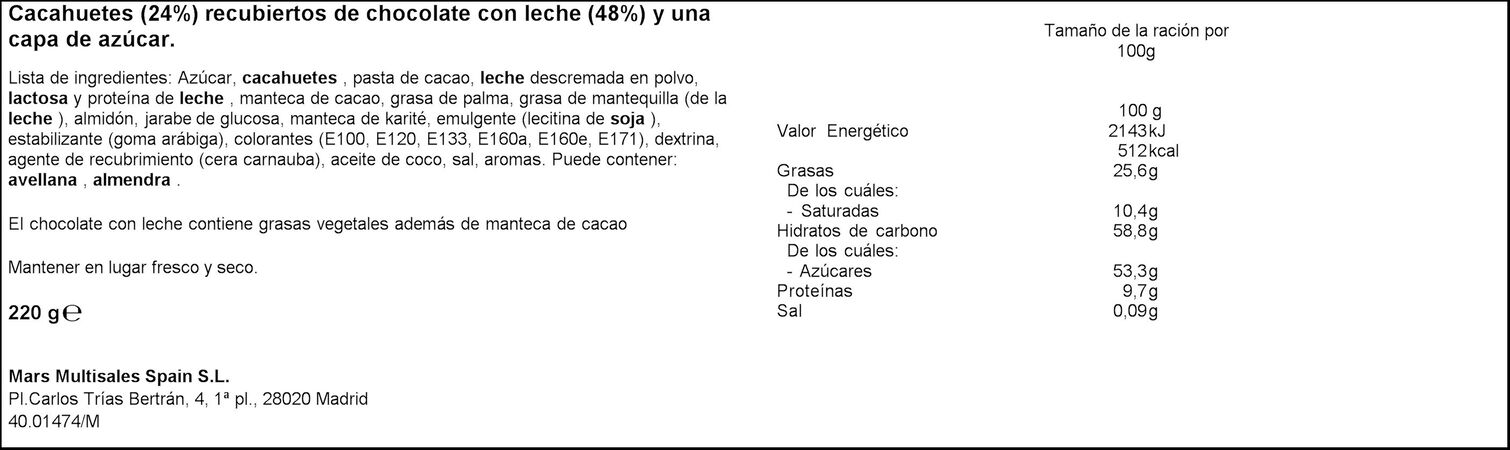 M&m's 220g recubierto de chocolate con leche y rellenos