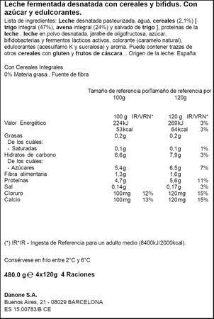 B&iacute;fidus Activia fibra desnatado 0% materia grasa pack 4 cereales