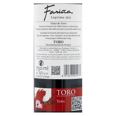Vino tinto DO Toro L&aacute;grima Fari&ntilde;a