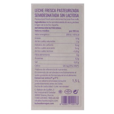 Leche fresca sin lactosa El Torrej&oacute;n 1,5l semidesnatada